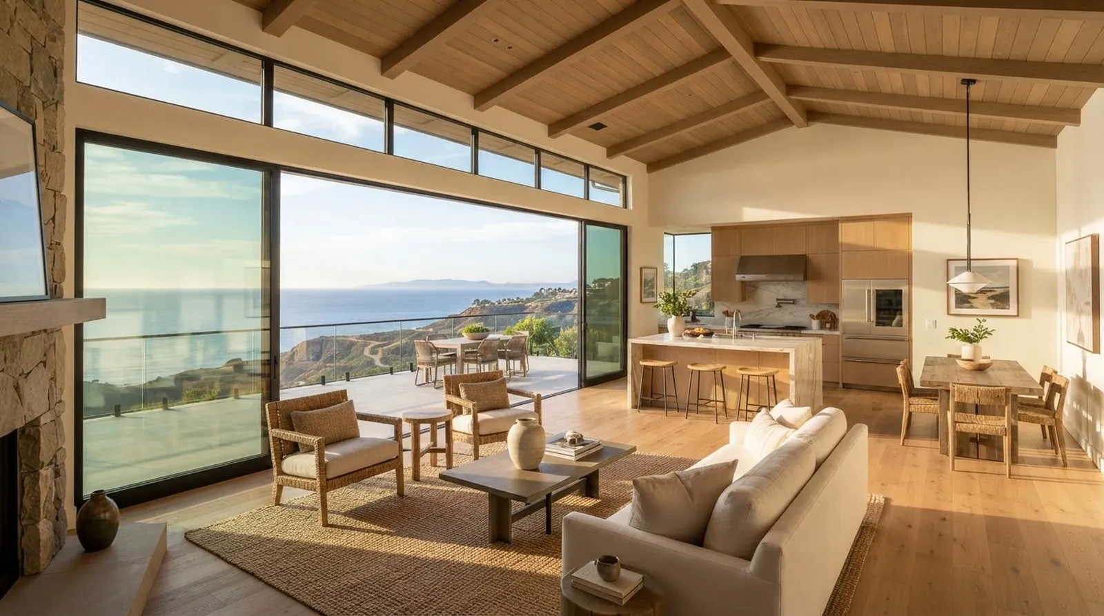 A sunlit open-plan living room with floor-to-ceiling glass doors looking out over the Pacific ocean, featuring natural wood tones and coastal finishes.