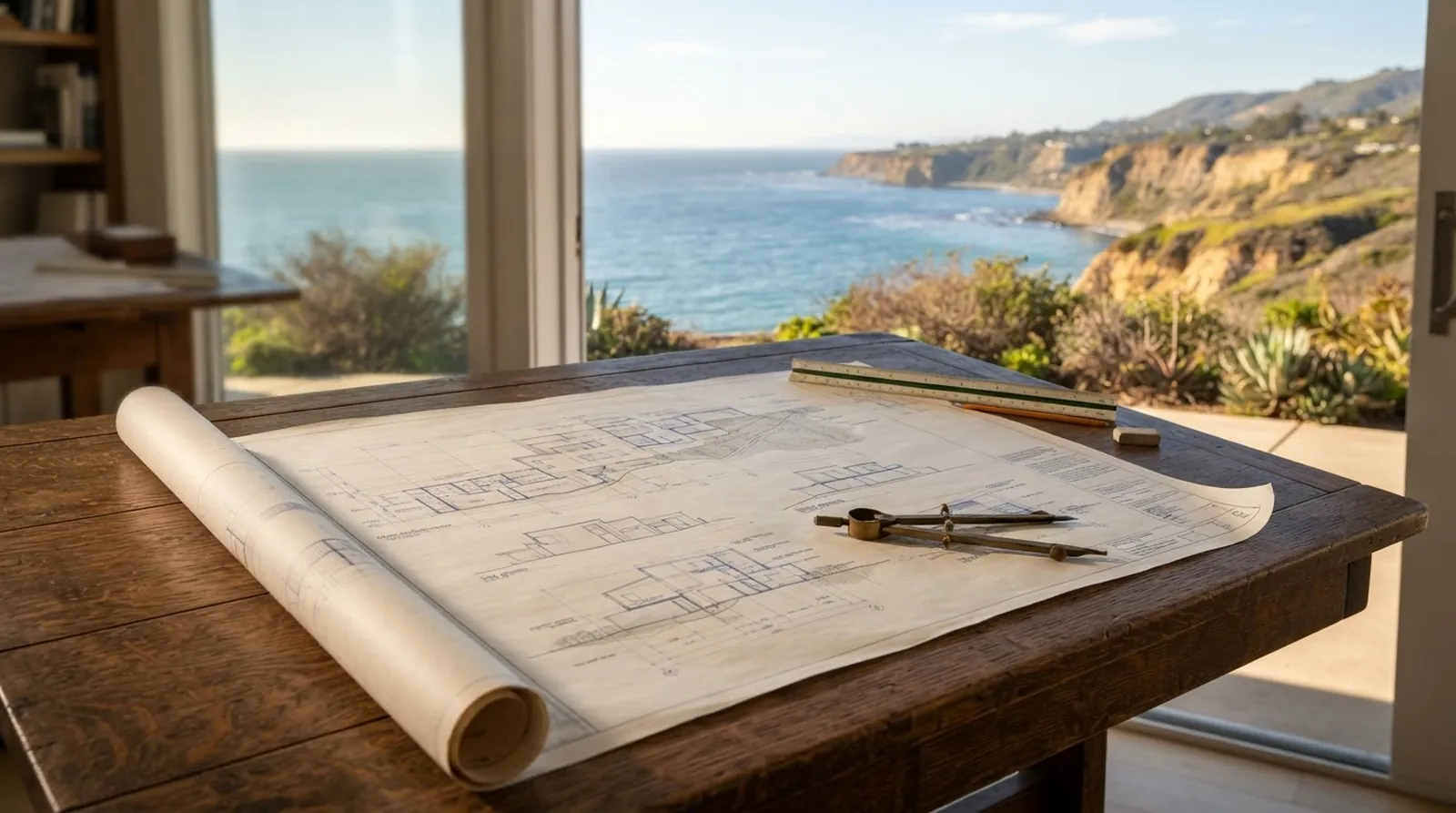 Unrolled architectural blueprints and a brass compass on a wooden drafting table, illuminated by natural light with a view of coastal cliffs.