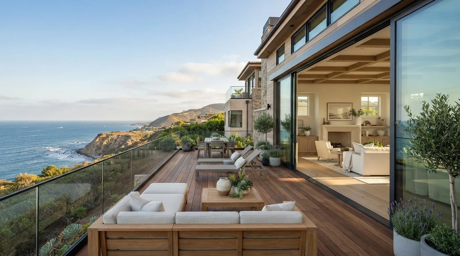A wide wooden deck overlooking the Pacific Ocean and coastal canyons, with expansive sliding glass doors opening into a sunlit, airy living room.