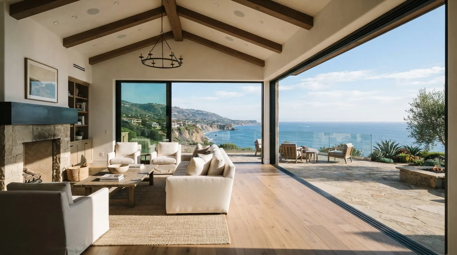 A wide, sunlit living area with vaulted wood-beamed ceilings, wide-plank oak flooring, and expansive sliding glass pocket doors opening onto a natural stone terrace overlooking the Pacific coastline and canyons.