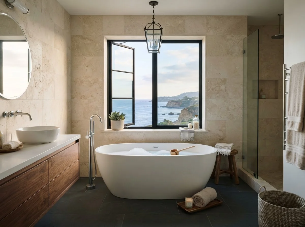 Remodeled primary bathroom with a freestanding tub under a window, limestone walls and soft natural light