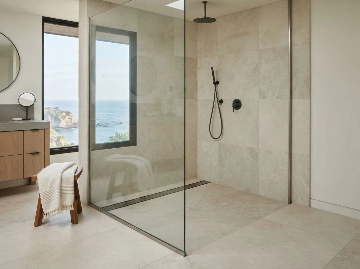 Curbless walk-in shower with large-format stone tile and a linear drain