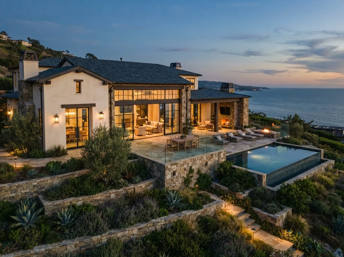 A newly built contemporary Mediterranean home on a terraced Palos Verdes lot with the ocean beyond at dusk