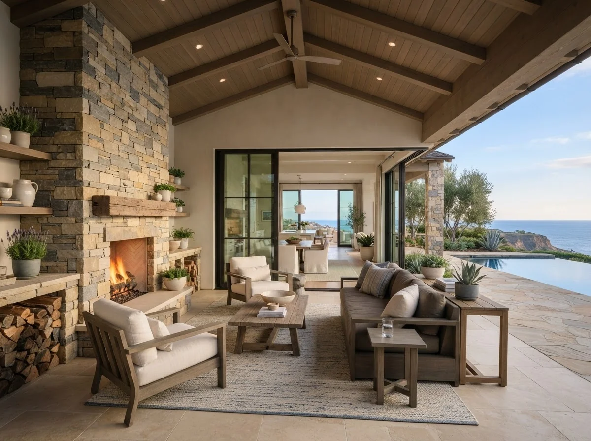 Covered outdoor living room with a fireplace and wide glass doors on a new Palos Verdes home