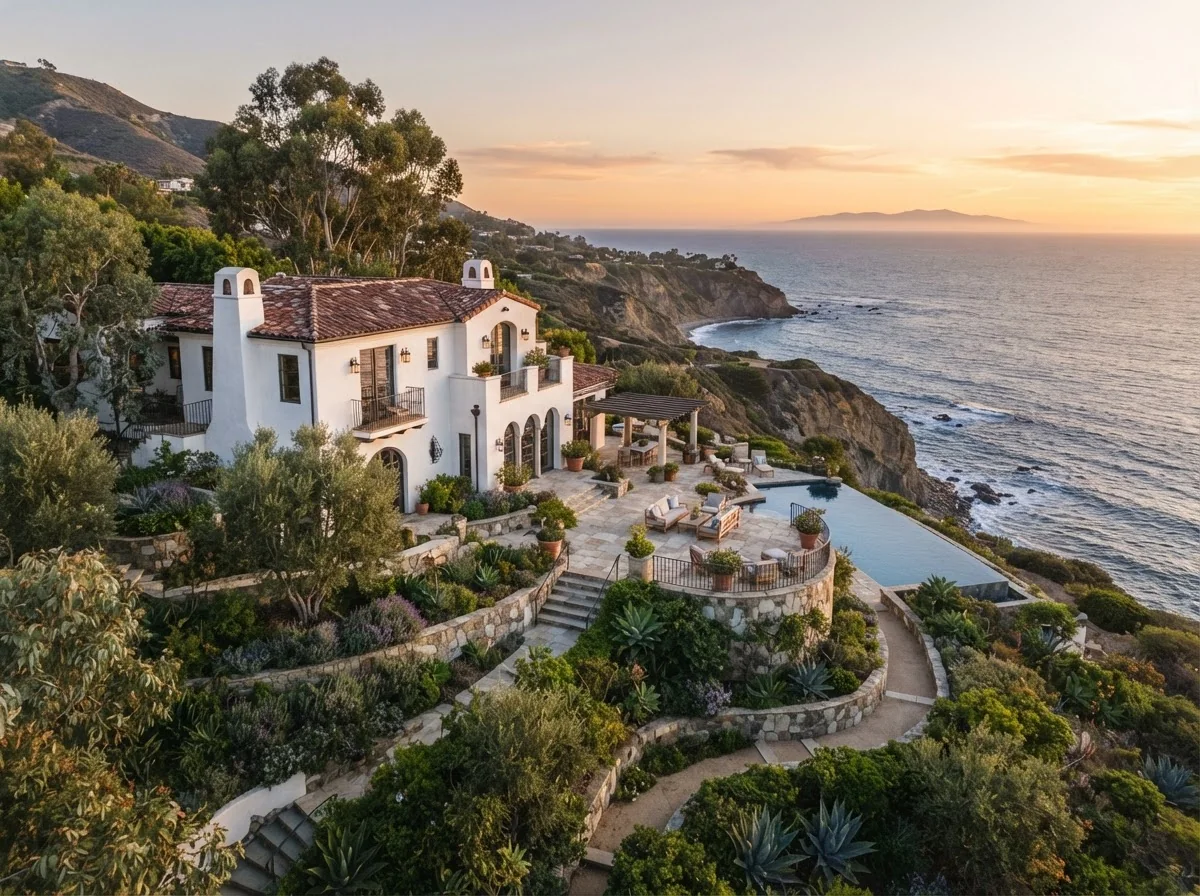 A white Mediterranean-style home on a terraced Palos Verdes hillside above the Pacific at golden hour