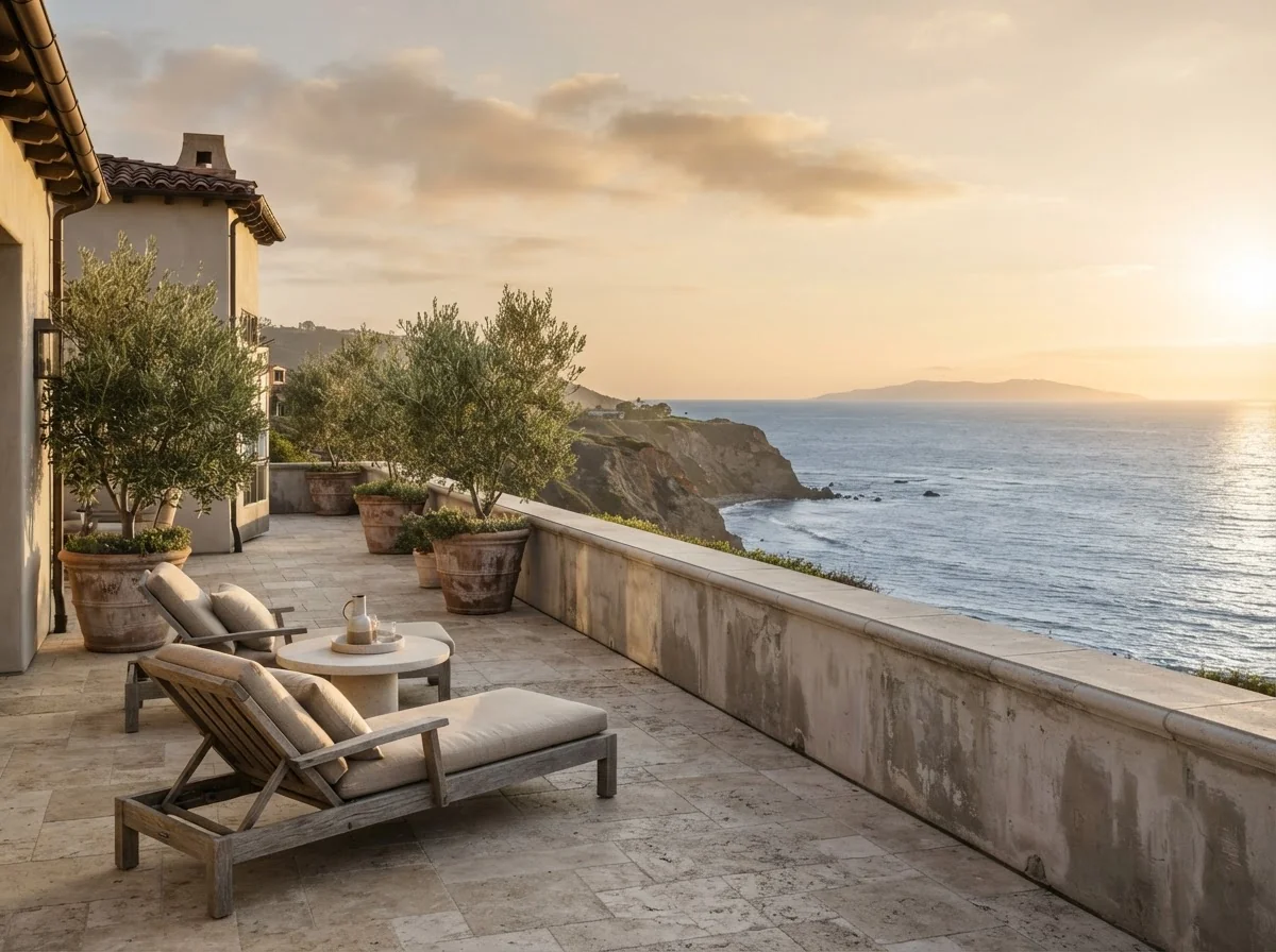 Limestone terrace with olive trees and a low stone wall looking out over the Pacific from a Palos Verdes home
