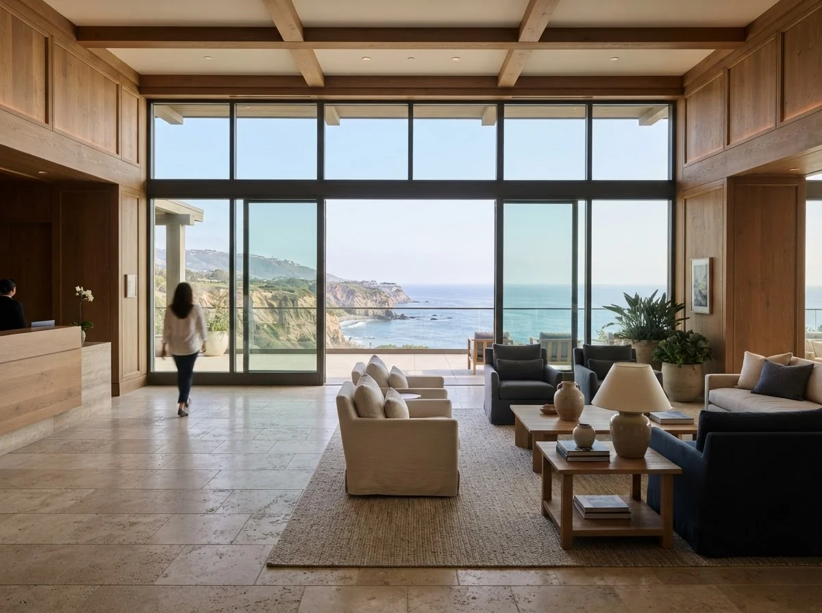 A renovated coastal hotel lobby with stone floors, warm wood and tall windows facing the sea
