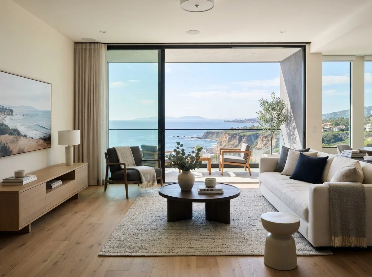 A renovated condominium living room with light wood floors and a balcony overlooking the coast