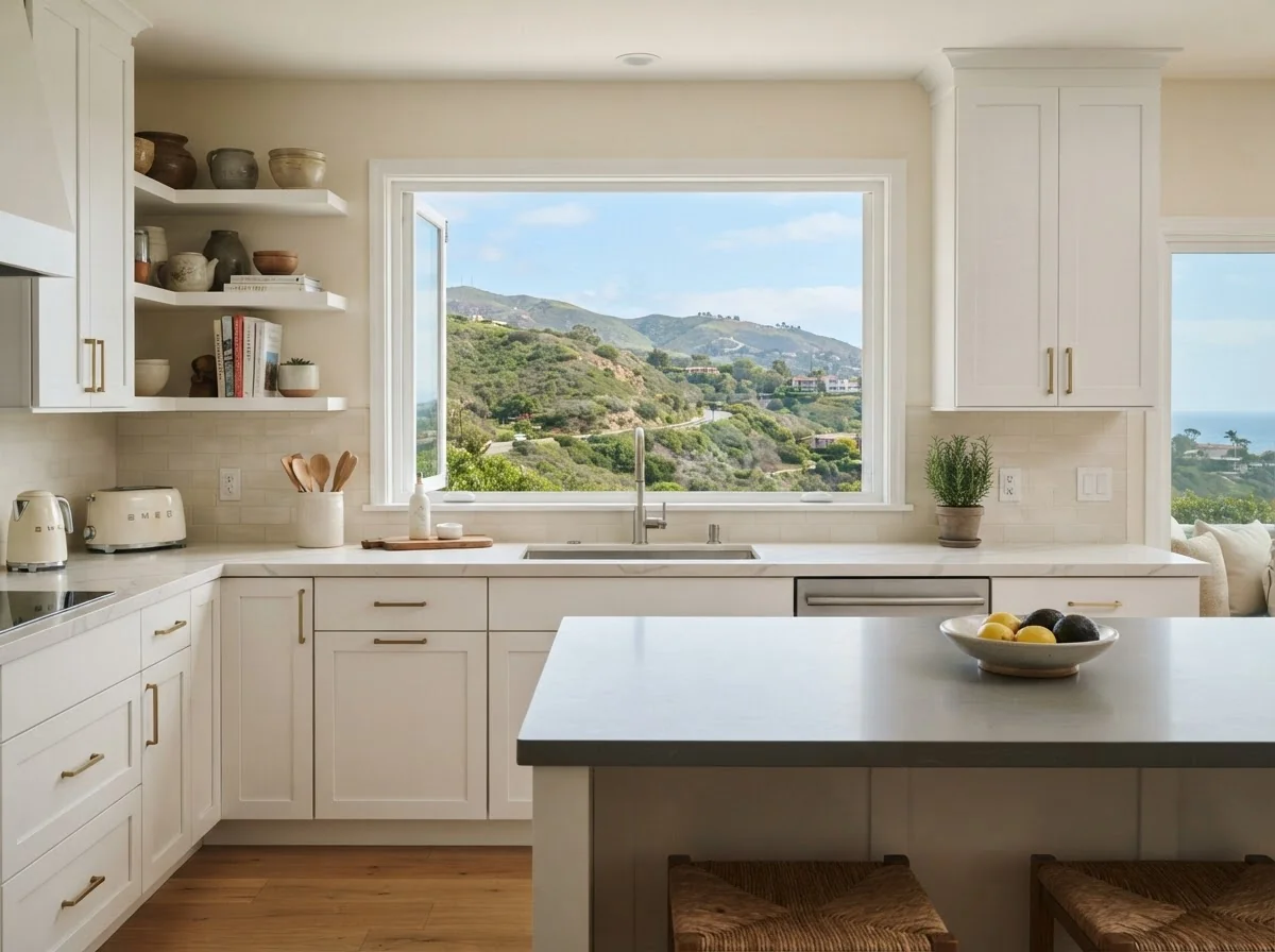 A remodeled apartment kitchen with white cabinets, a stone counter and a window with a hillside view