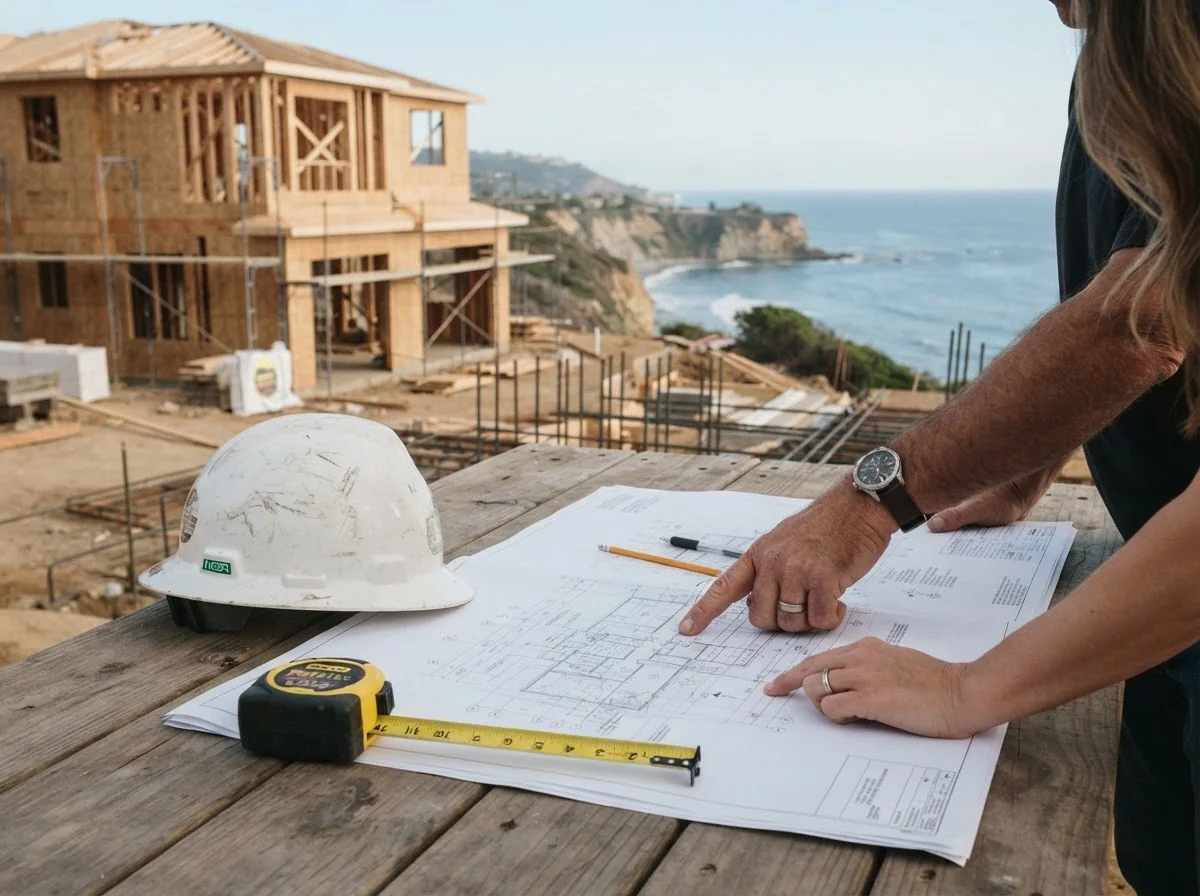 A homeowner and a builder reviewing construction drawings on a table at a Palos Verdes job site