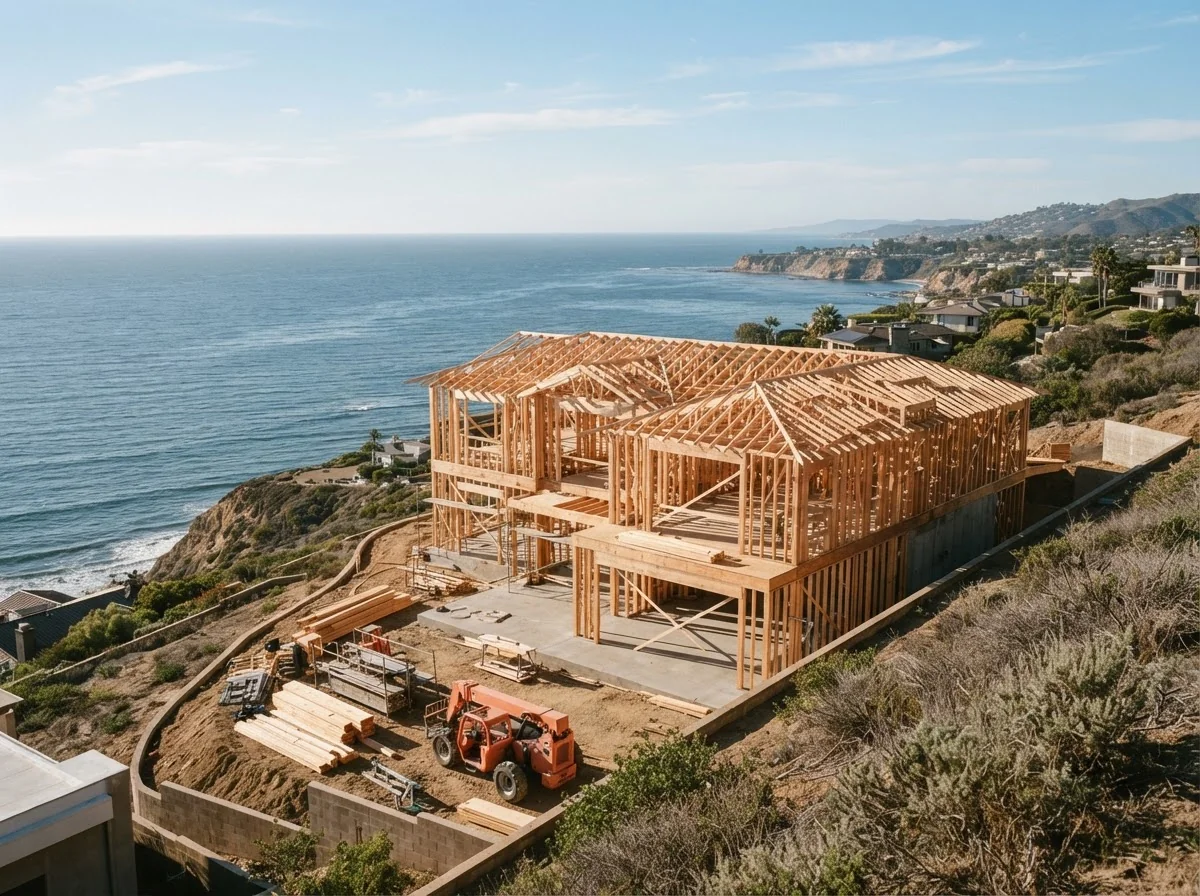 Fresh timber framing on a hillside residential lot overlooking the sea