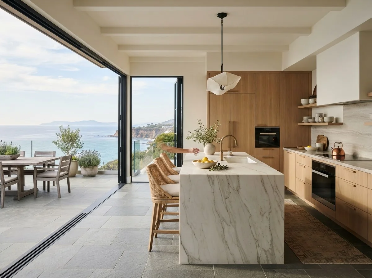 Bright remodeled kitchen with a stone island, white oak cabinets and folding glass doors open to an ocean-view terrace in Palos Verdes
