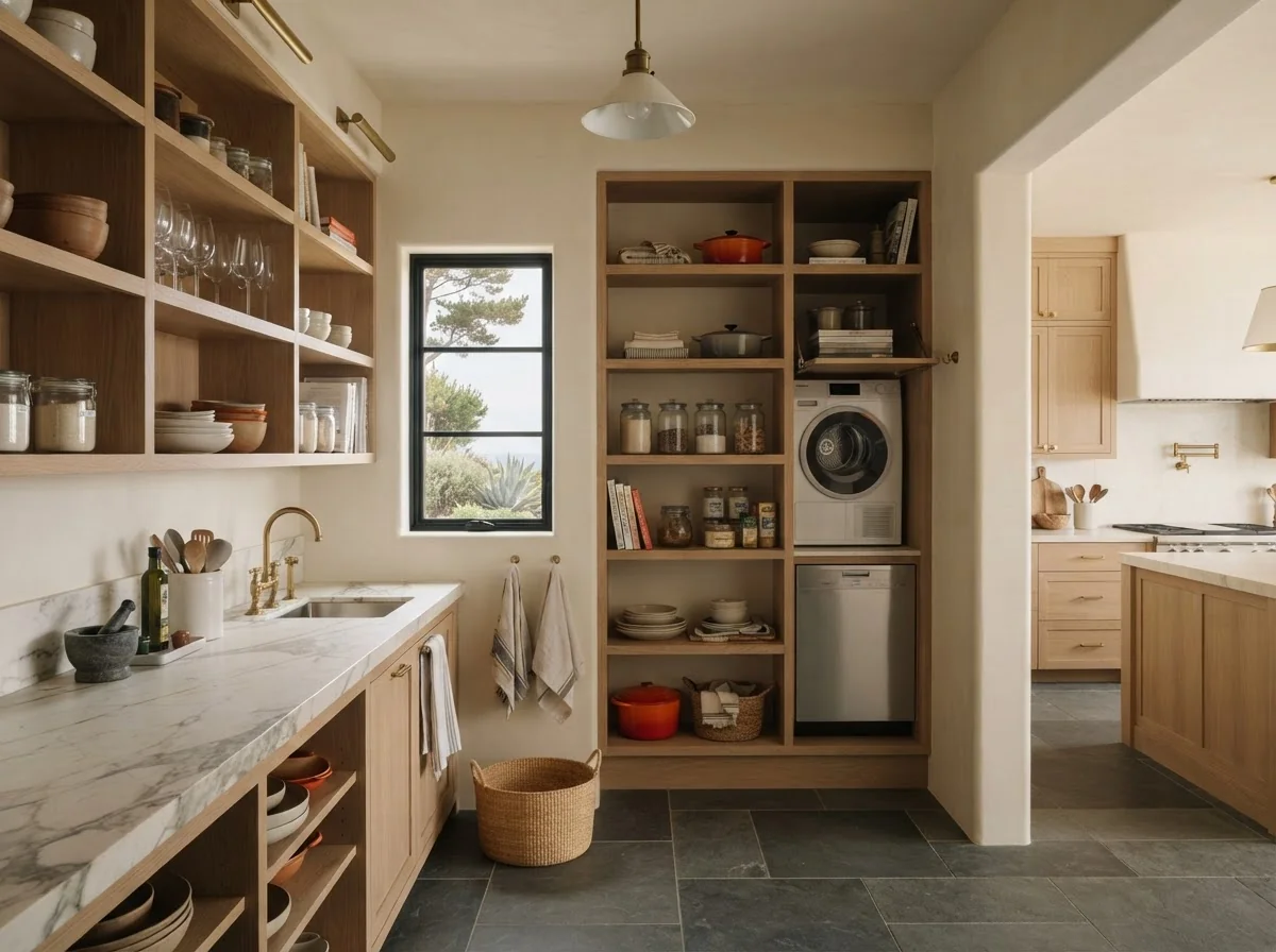 Walk-in pantry with oak shelving and a stone counter behind a remodeled kitchen