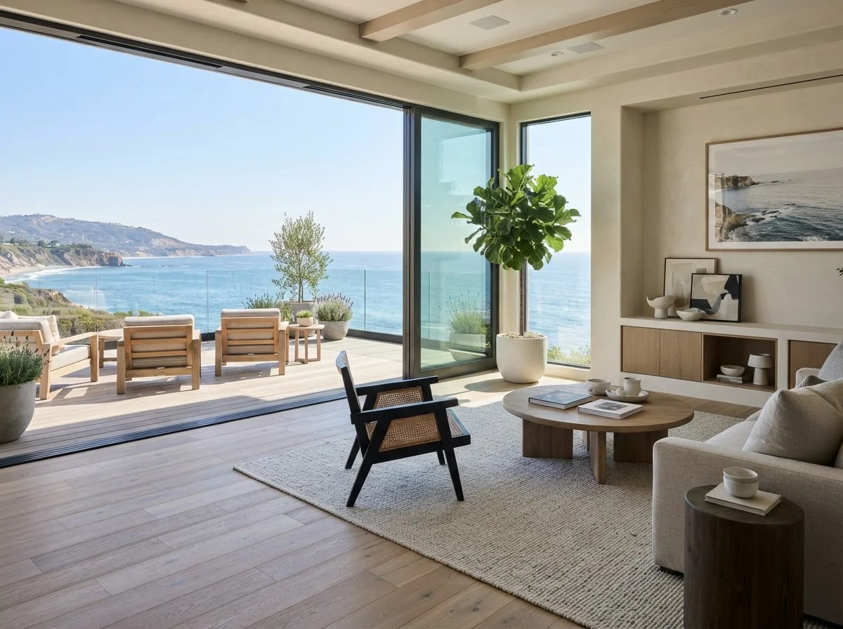 Remodeled living room in a Palos Verdes home with white oak floors, plaster walls and wide glass doors open to an ocean terrace
