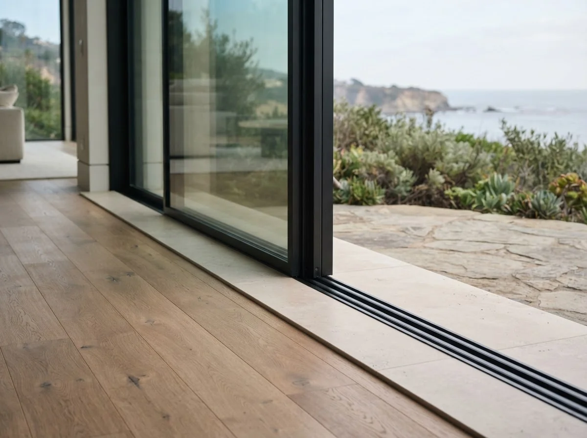 Close view of wide-plank white oak floor meeting a limestone threshold at a glass door in a coastal home
