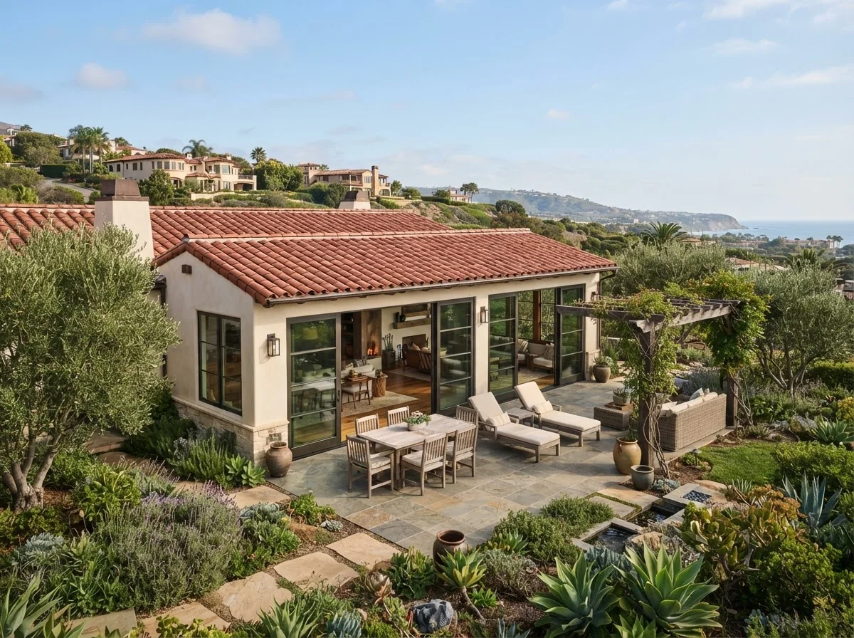 A single-story Palos Verdes home with a new wing that matches the original roofline and opens to a garden terrace