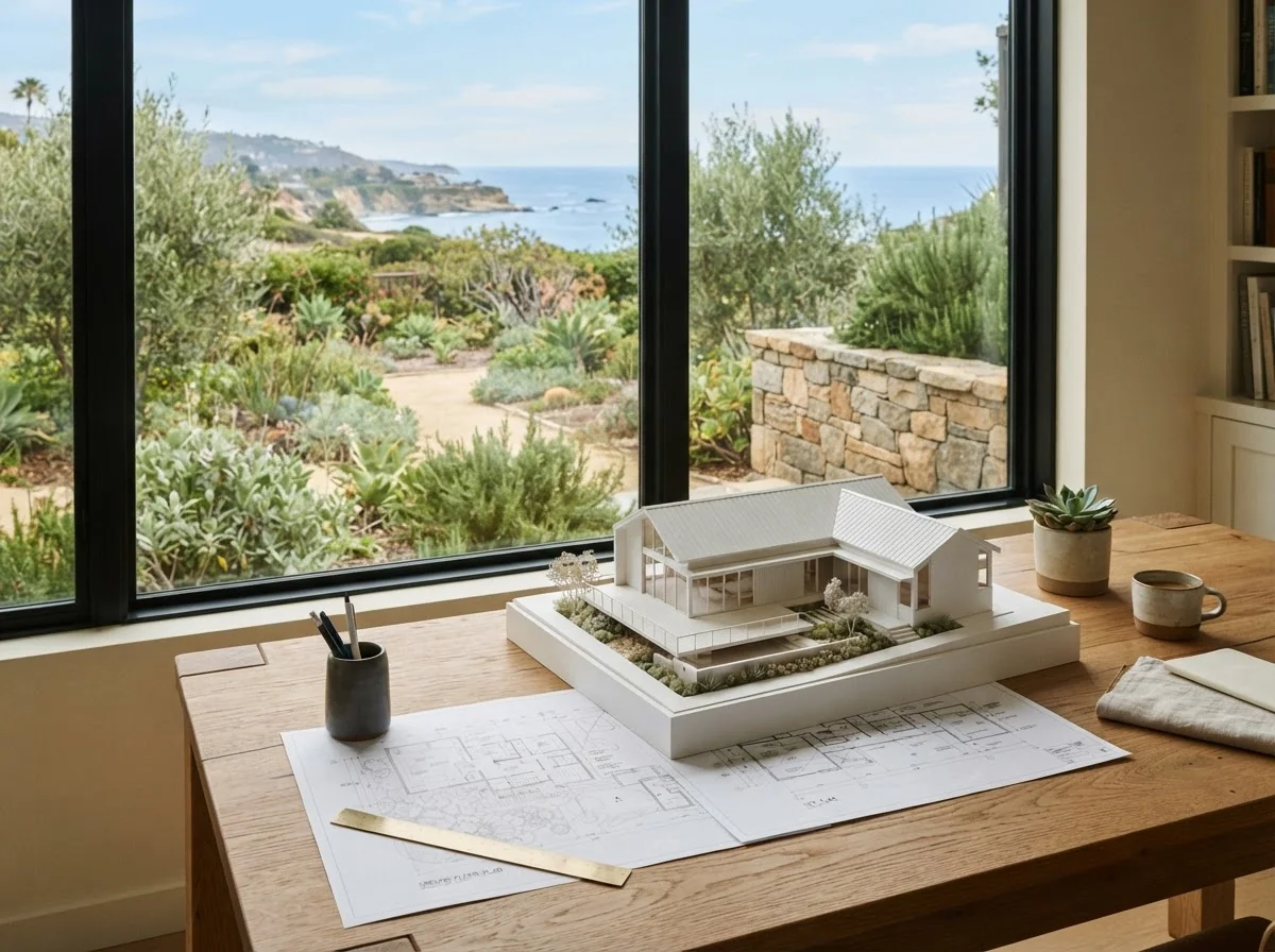 Architectural plans and a scale model of a home addition on a table beside a window with a garden view