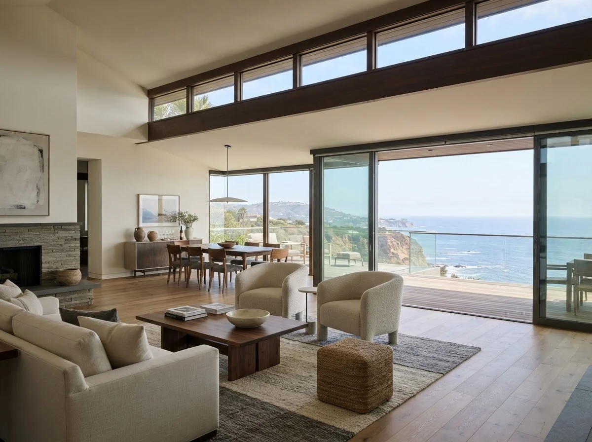 Open-plan living and dining room with clerestory light and a long view to the Pacific