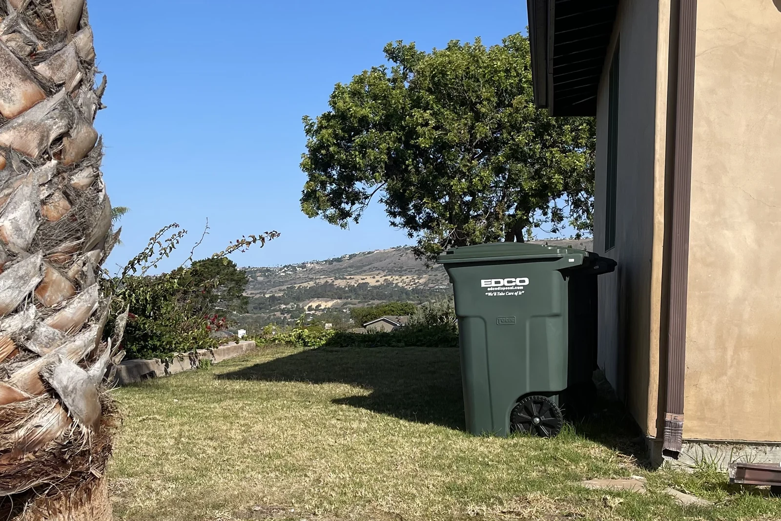 A narrow strip of patchy dry lawn beside the tan stucco house with a wheeled refuse bin against the wall, an old palm trunk in the foreground and the coastal hills visible past the property line